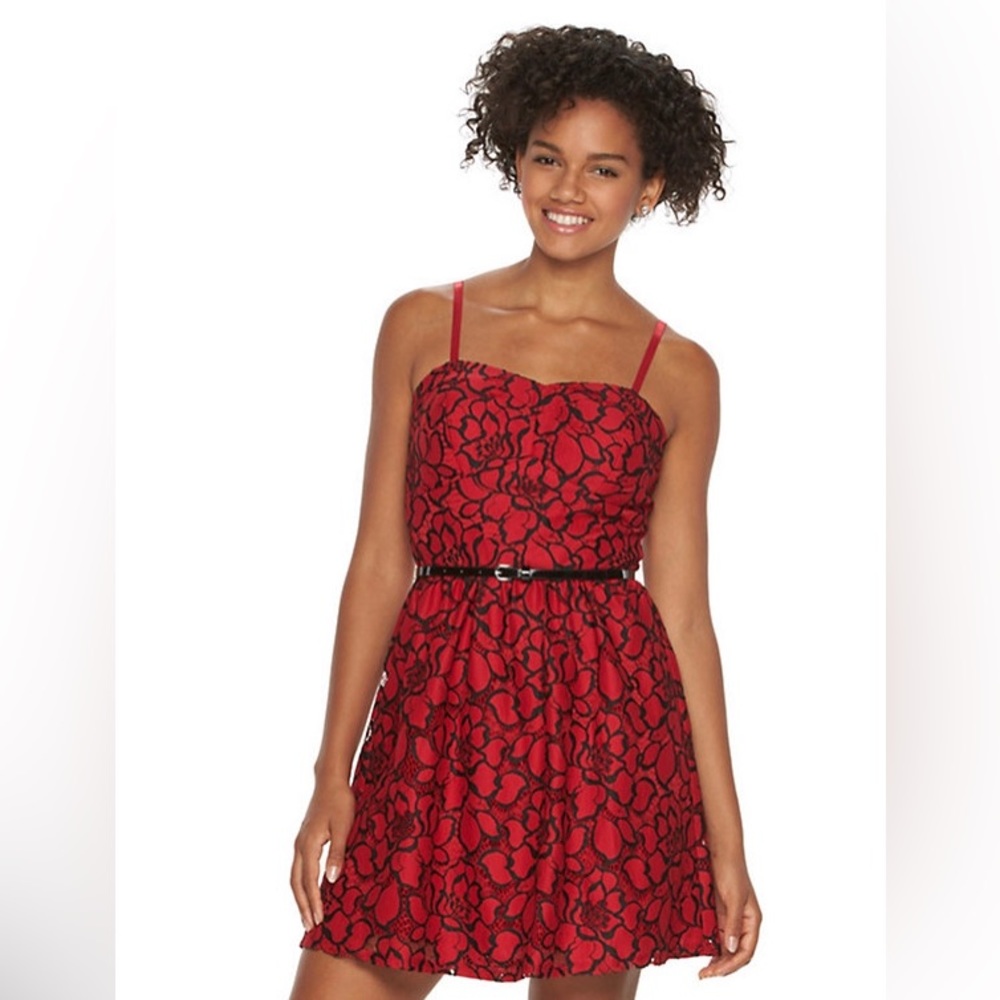 🌈 Lily Rose NWOT juniors skater dress red and black lace size XS🌈